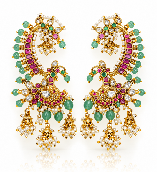 Ruby Peacock Ear Cuff Earrings with Jhumka Drop