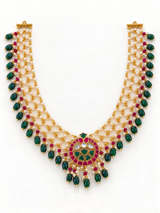 Jadau Kundan Multi-Strand Pearl Necklace with Emerald Fringe
