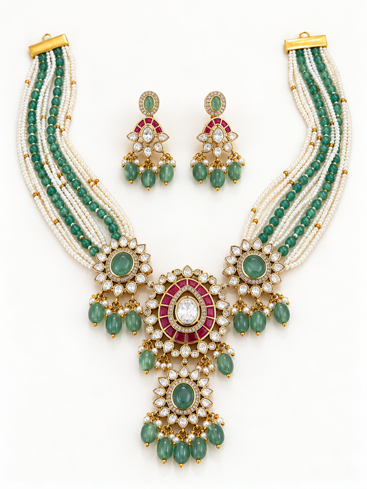 Jadau Kundan Emerald Ruby Bridal Necklace Set with Earrings