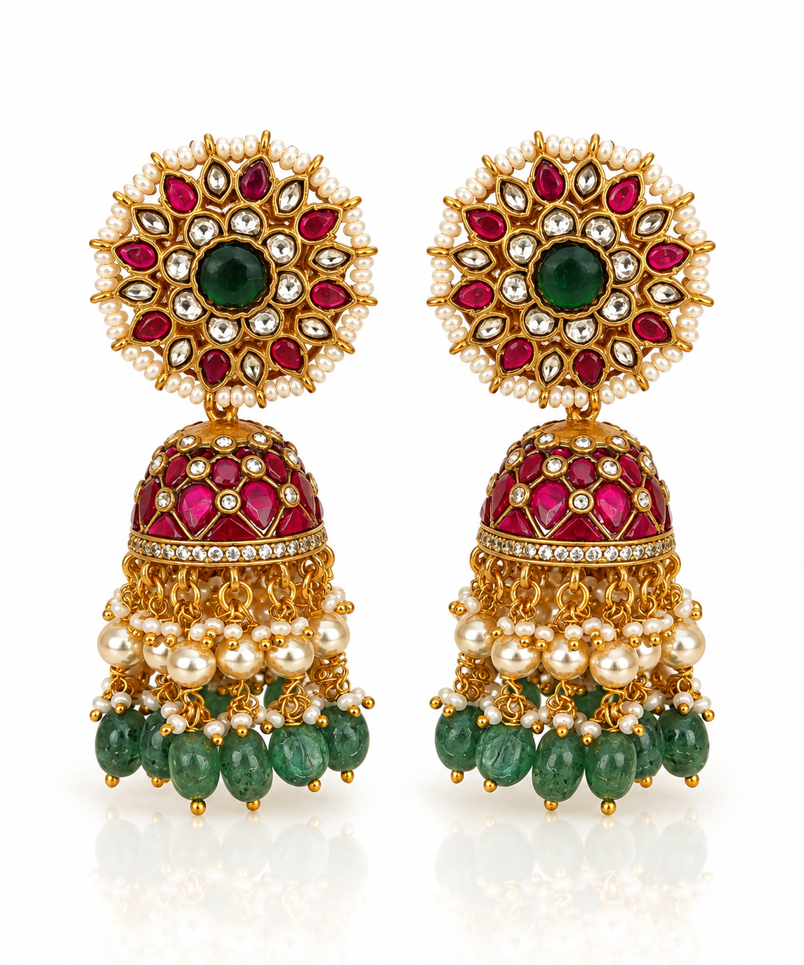 Jadau Kundan Ruby Lattice Jhumka Earrings with Pearl Trim