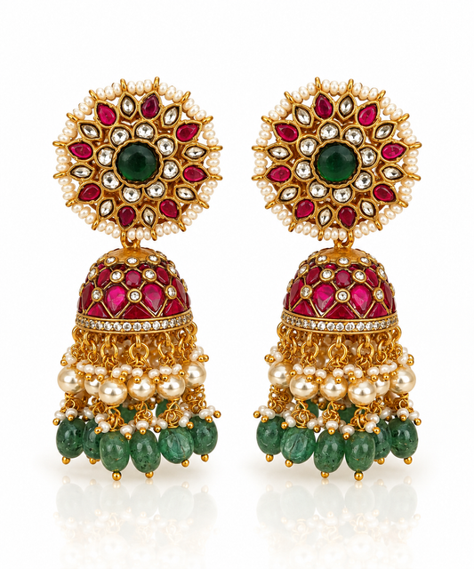 Jadau Kundan Ruby Lattice Jhumka Earrings with Pearl Trim