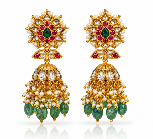 Jadau Kundan Ruby Emerald Jhumka Earrings with Pearl Fringe