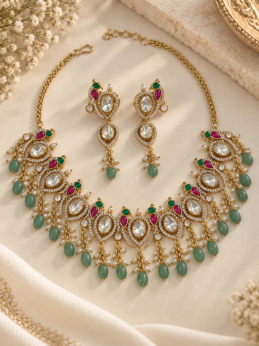 Moissanite Polki Necklace Set with Ruby Emerald Accents
