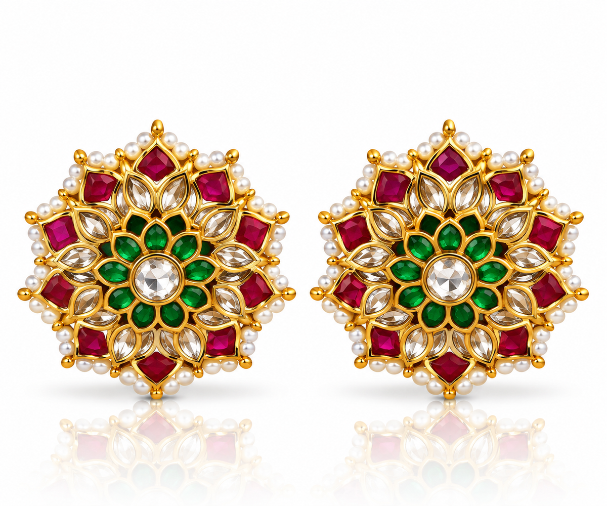 Jadau Kundan Floral Stud Earrings with Ruby & Emerald Petals