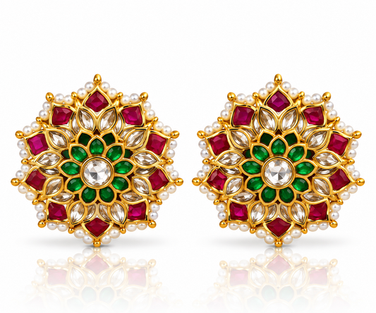 Jadau Kundan Floral Stud Earrings with Ruby & Emerald Petals