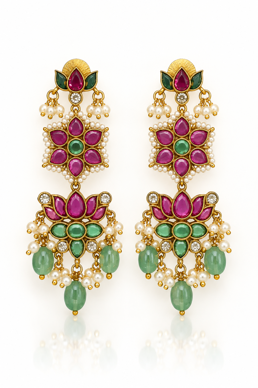 Ruby Emerald Floral Tiered Dangler Earrings with Bead Drops