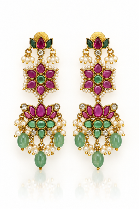 Ruby Emerald Floral Tiered Dangler Earrings with Bead Drops