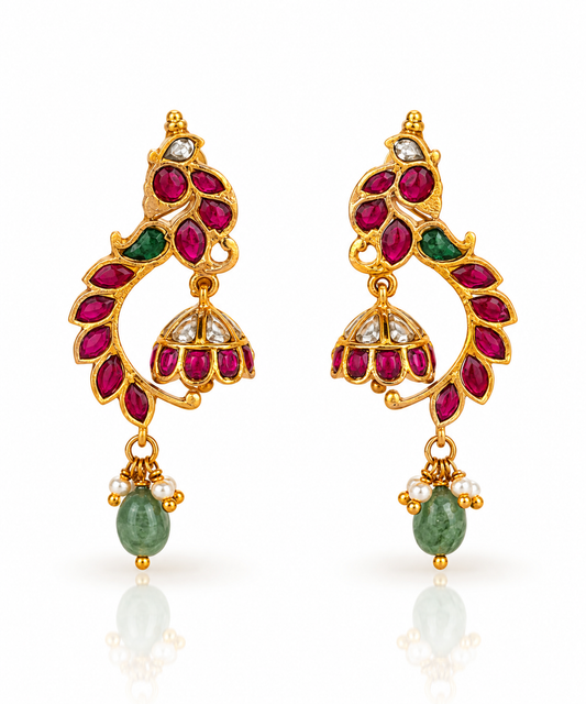 Jadau Kundan Paisley Jhumka Earrings with Ruby Vine Detail