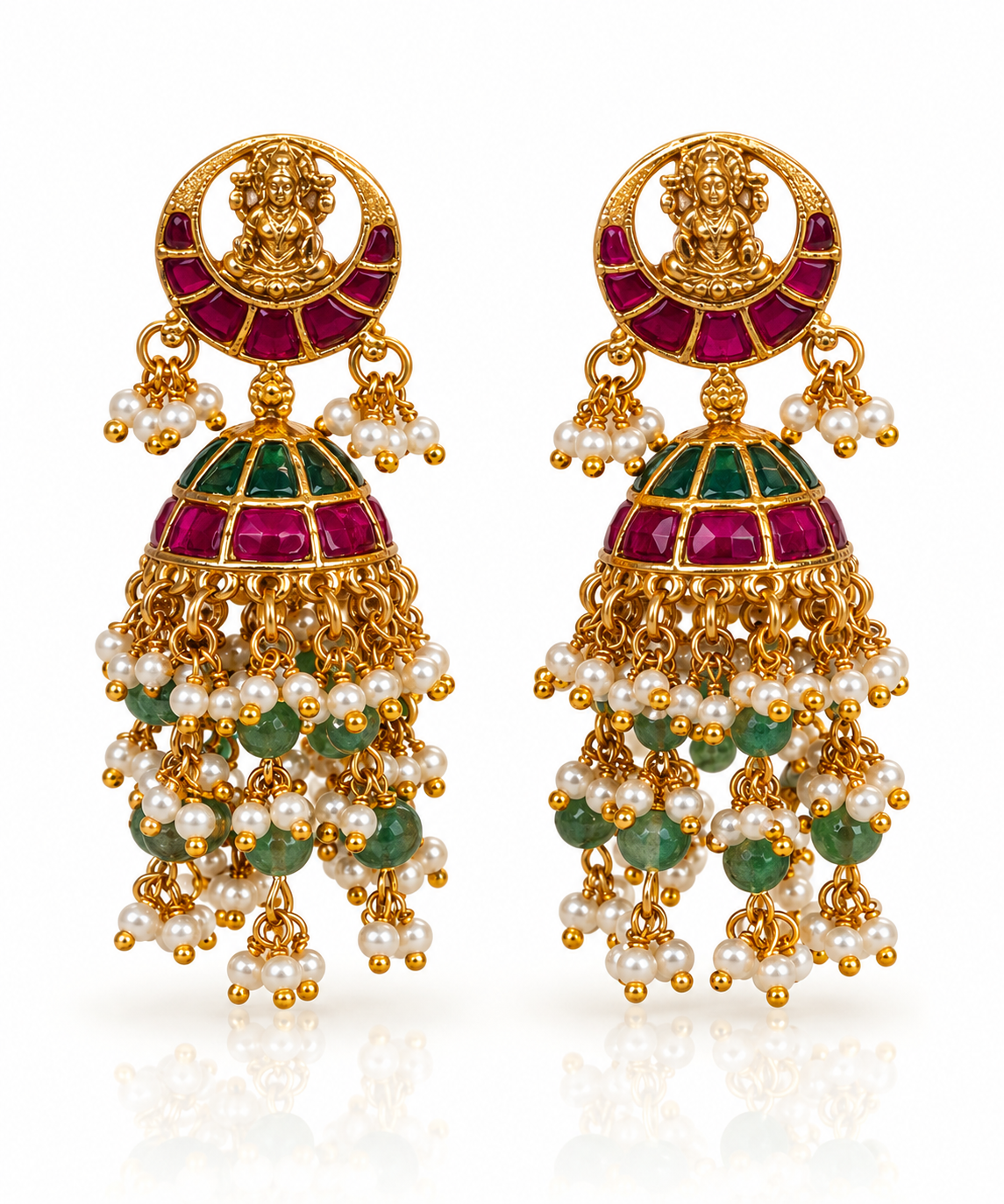 Jadau Kundan Lakshmi Jhumka Earrings with Emerald Fringe