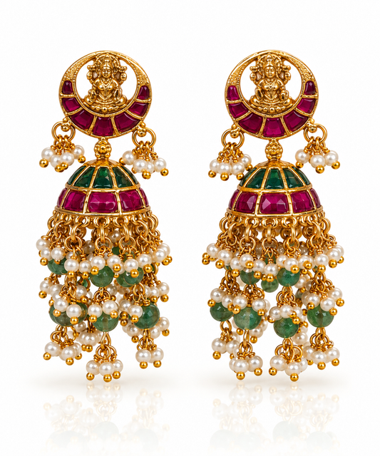 Jadau Kundan Lakshmi Jhumka Earrings with Emerald Fringe