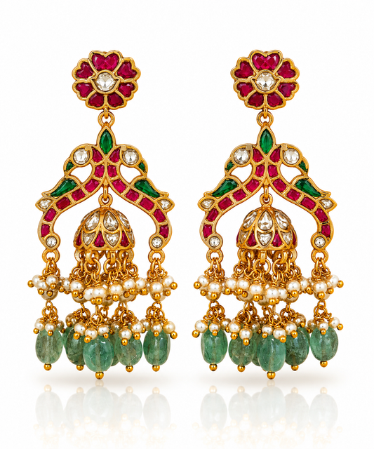 Jadau Kundan Ruby Floral Jhumka Earrings with Emerald Leaf