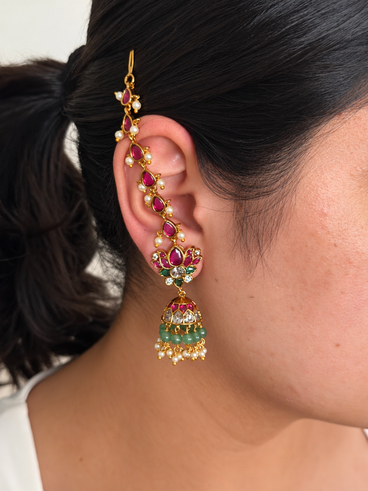 Lotus Jhumka Earrings with Long Ruby Teardrop Maatal and Mint Green Bead Drops
