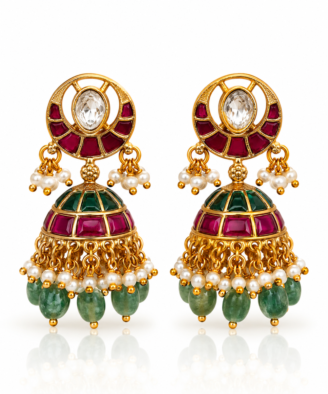 Jadau Kundan Ruby Emerald Jhumka Earrings with Pearl Drops