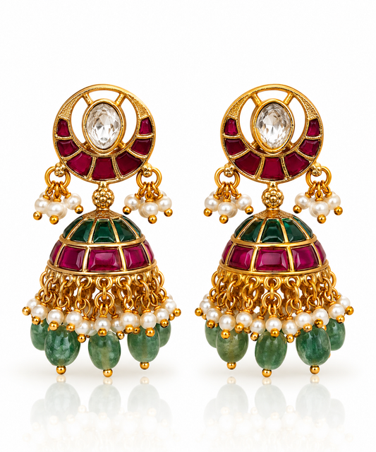 Jadau Kundan Ruby Emerald Jhumka Earrings with Pearl Drops