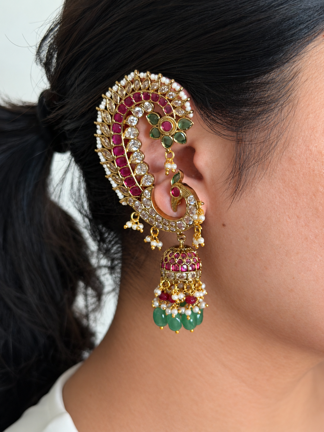 Peacock Paisley Statement Earrings with Ruby, Emerald and CZ Stones and Jhumka Drop
