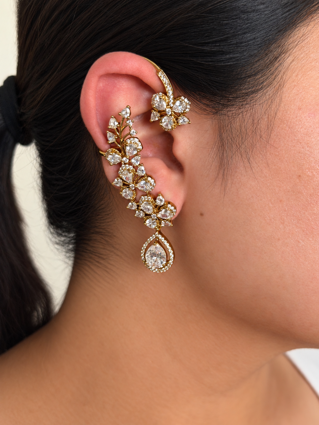 Floral Vine Ear Cuff Earrings with CZ Stones and Teardrop Drop