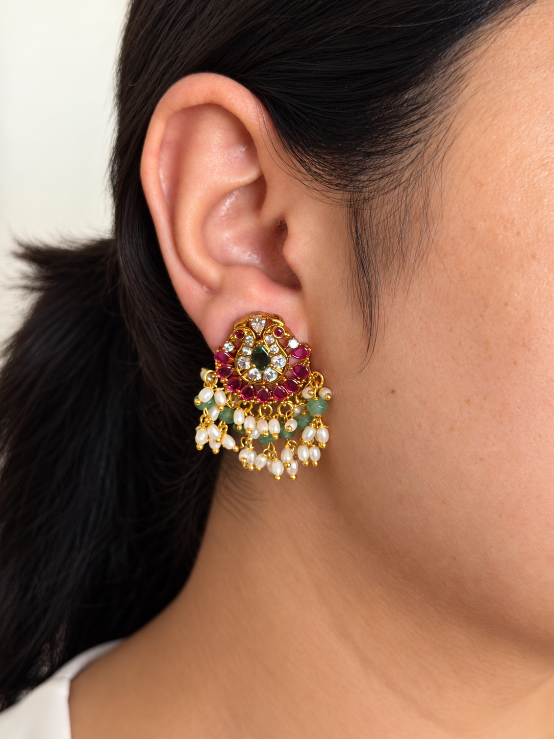 Twin Peacock Stud Earrings with Ruby Petals and Rice Pearl and Green Bead Drops