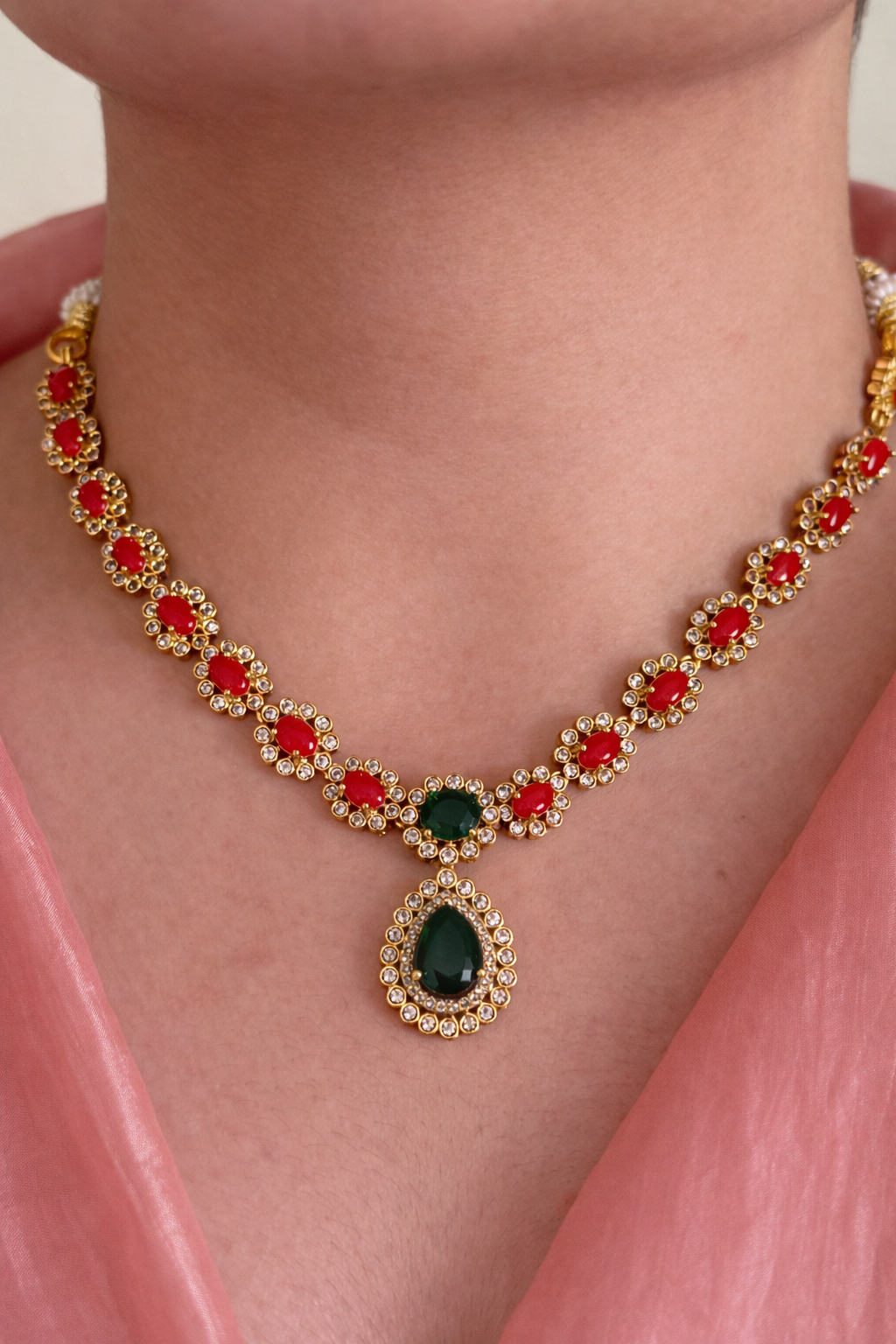 Grandeur Ruby & Emerald Sparkle Necklace Set - Traditional Temple Jewellery Inspired