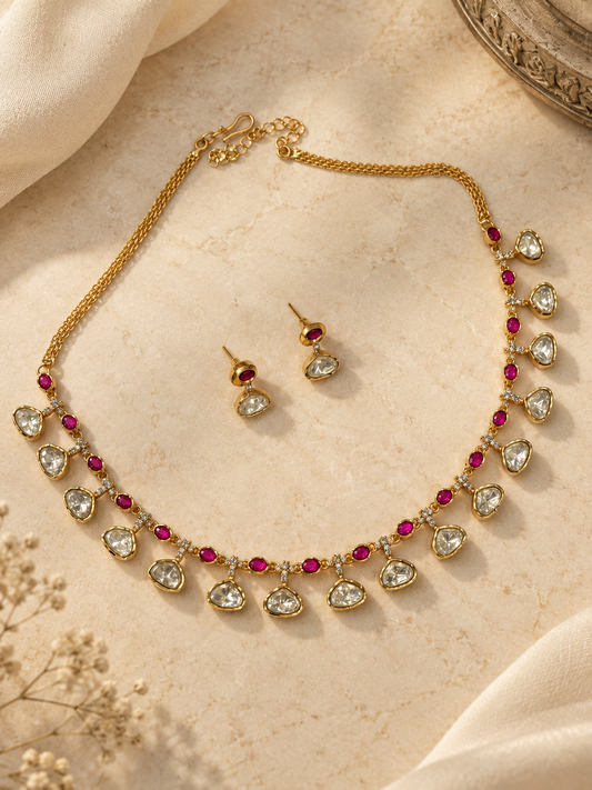 Kundan Polki & Ruby Necklace Set with Delicate Teardrop Stones