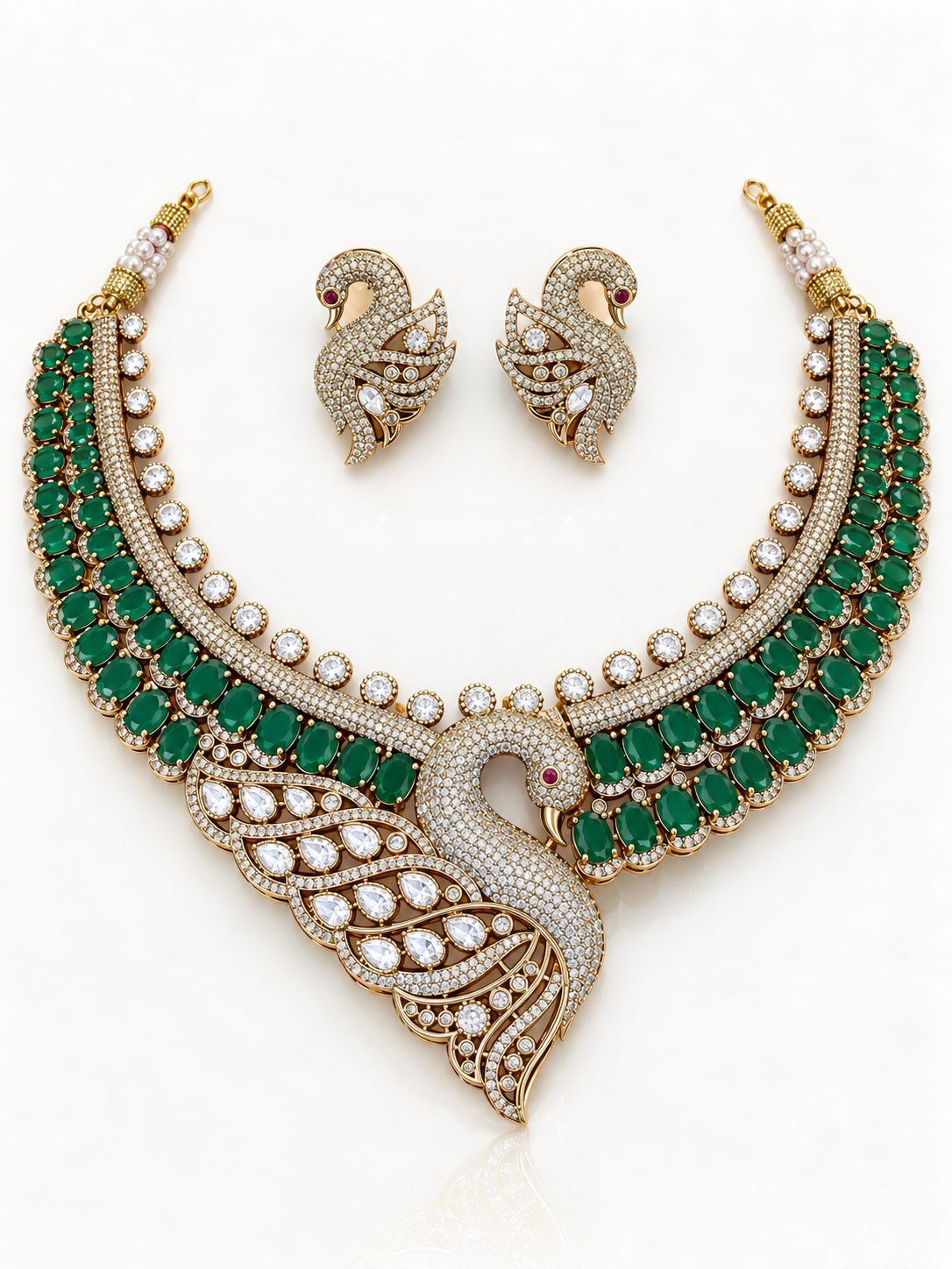 Emerald Swan Motif Collar Necklace Set with Stud Earrings