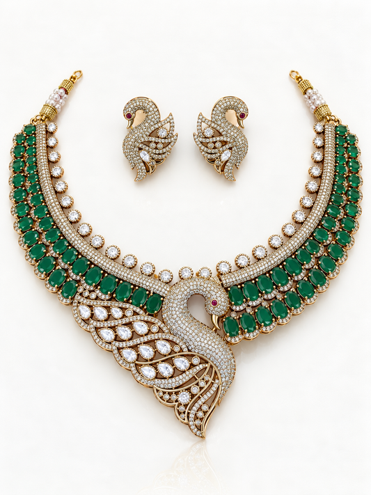 Emerald Swan Motif Collar Necklace Set with Stud Earrings