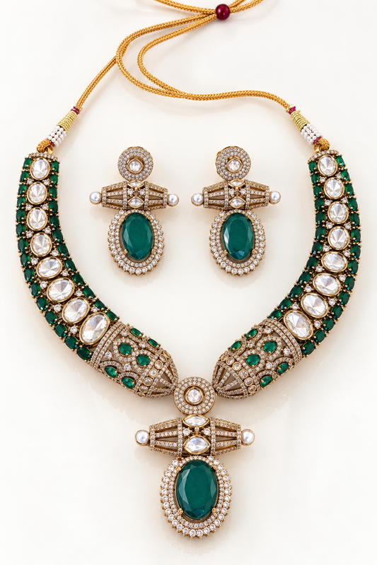 Kundan Emerald Collar Necklace Set with Drop Earrings