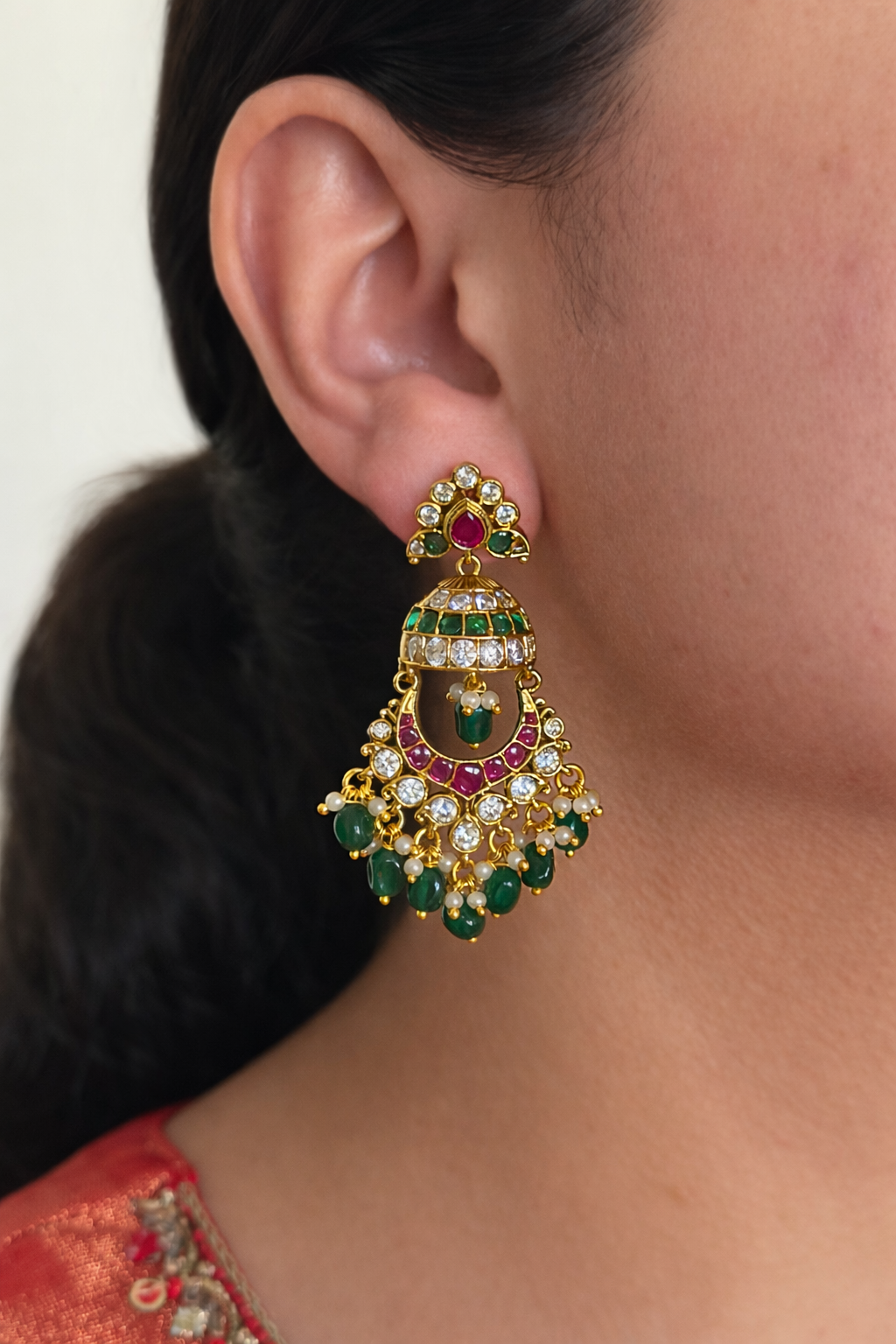 Green Fringe Chandbali Earrings