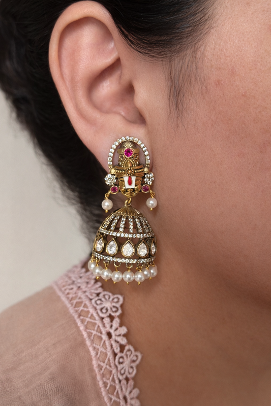 Victorian venkateswara swamy jhumka / tirupati balaji jhumka worn by person