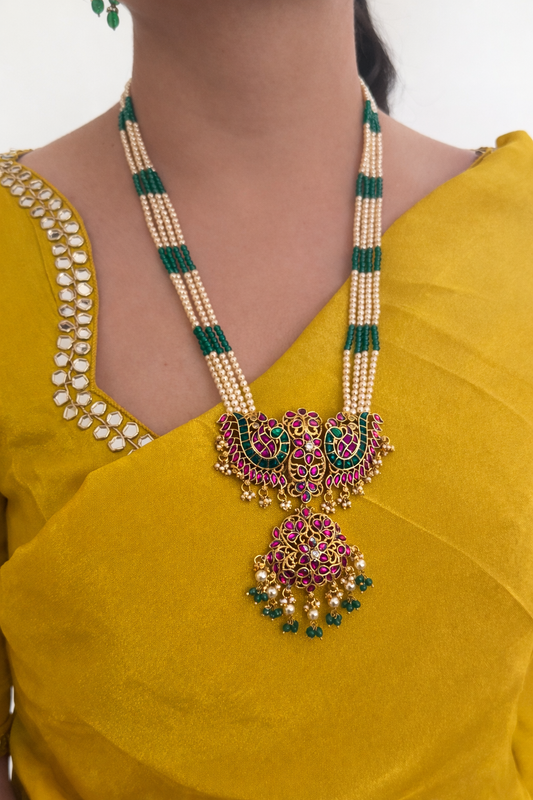 Twin Crescent Pearl & Emerald Long Haaram
