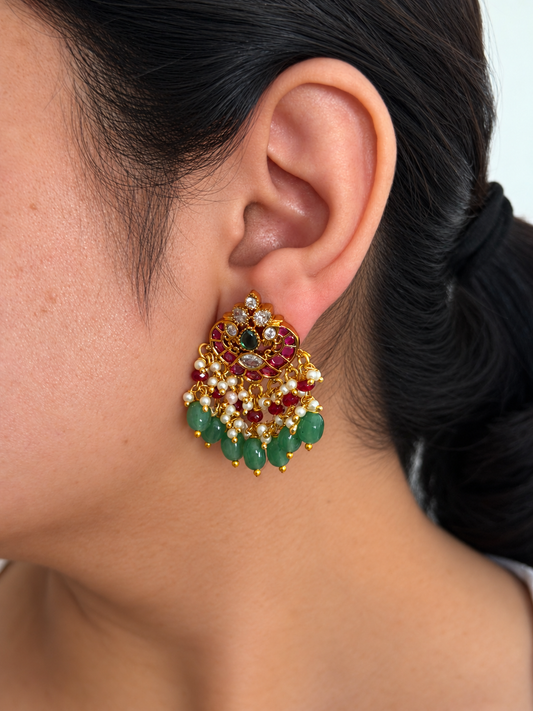 Peacock Ruby Stud Earrings with Marquise CZ and Mint Green Bead Cluster Drops