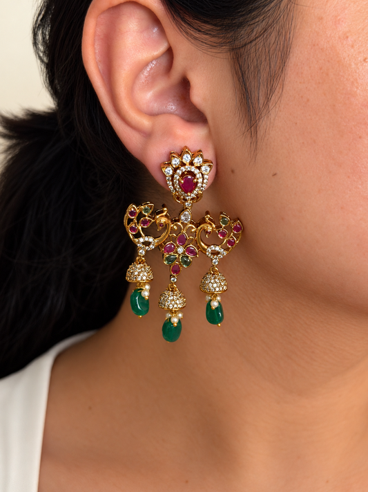 Twin Peacock Triple Jhumka Dangler Earrings with Ruby Emerald Stones and Green Bead Drops