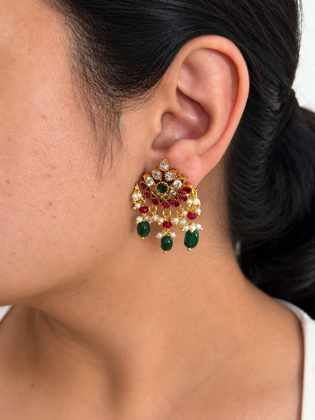 Ruby Lotus Stud Earrings with CZ Crown and Deep Green Bead Drops
