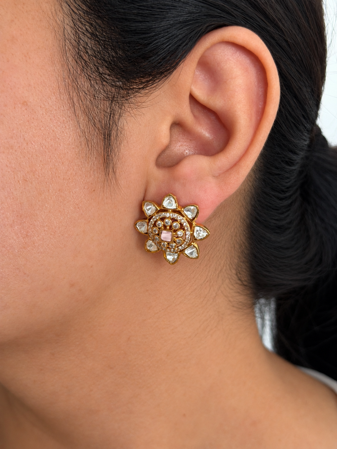 Moissanite Floral Stud Earrings with Square Centre Stone and Round Stone Halo