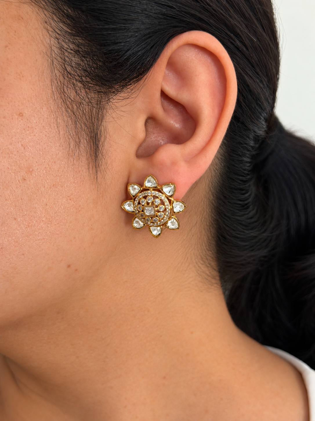 Moissanite Floral Stud Earrings with Square Centre Stone and Round Stone Halo