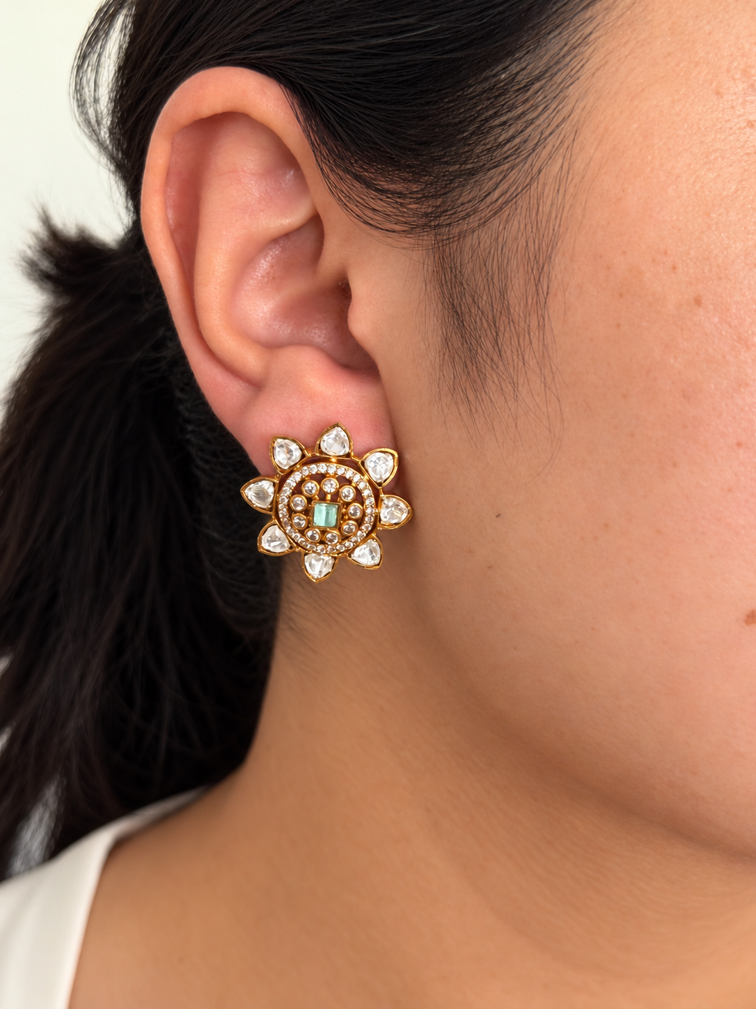 Moissanite Floral Stud Earrings with Square Centre Stone and Round Stone Halo