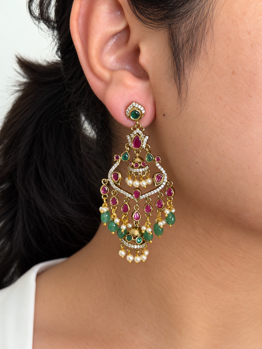 Ruby Teardrop Chandelier Earrings with Peacock Arch and Mini Jhumkas and Mint Green Bead Drops