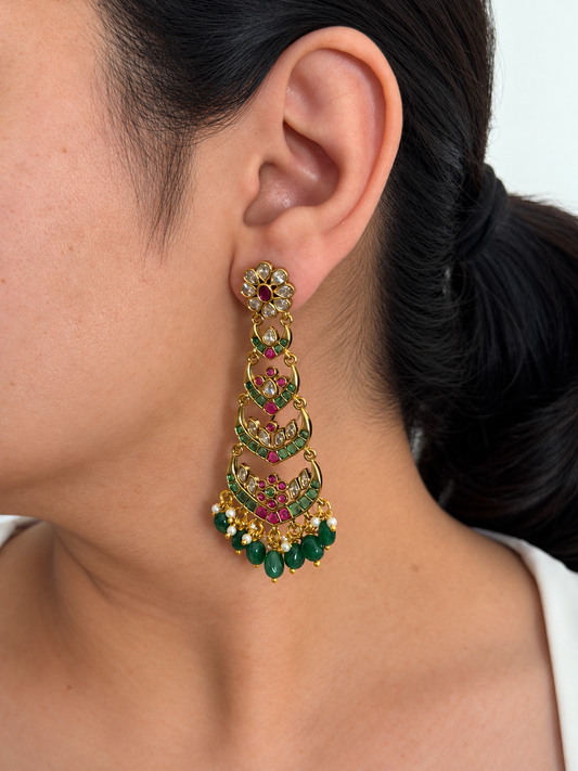 Four-Tier Chaandbali Long Earrings with Ruby Mint and CZ Stones and Deep Green Bead Drops