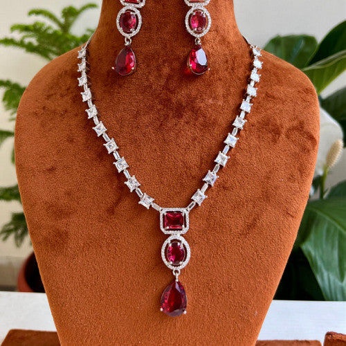 AD Necklace Set - Ruby with Silver color base