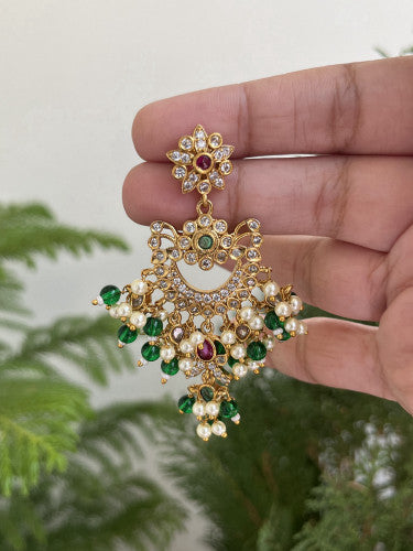 Green Beads and Pearls Chaandbali with floral Motifs