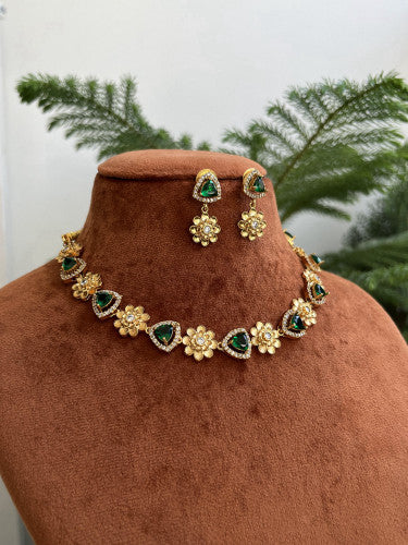 Sleek Floral motif Necklace Set - Multicolor, Green, Purple