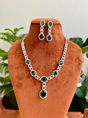 Green AD studded Necklace Set - silver color base