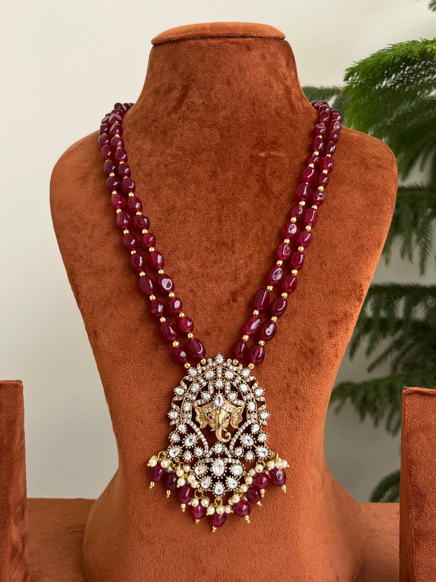 Beaded Haram with Lord Ganesha Pendant – Green & Maroon | Festive Luxury Jewellery