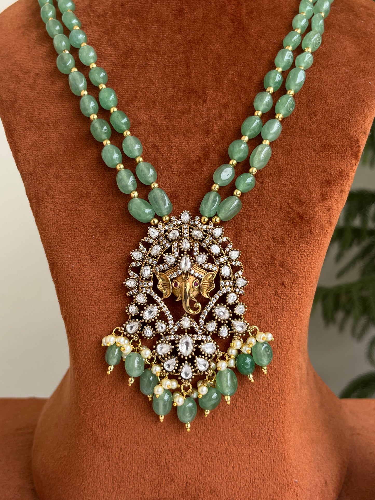 Beaded Haram with Lord Ganesha Pendant – Green & Maroon | Festive Luxury Jewellery