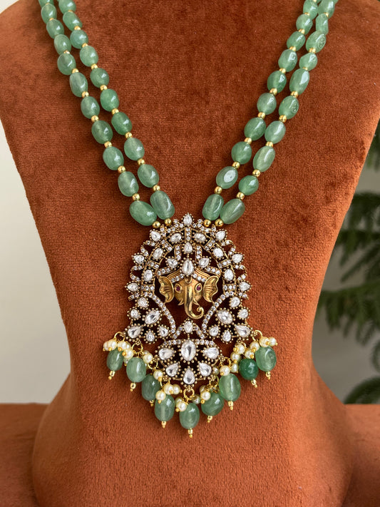 Beaded Haram with Lord Ganesha Pendant – Green & Maroon | Festive Luxury Jewellery
