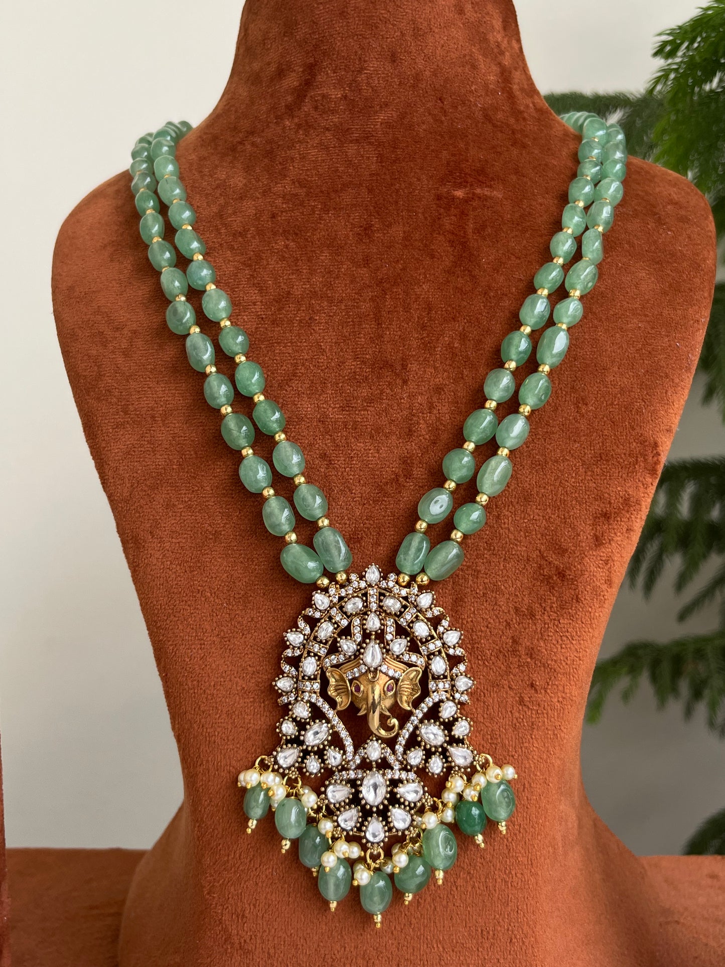 Beaded Haram with Lord Ganesha Pendant – Green & Maroon | Festive Luxury Jewellery