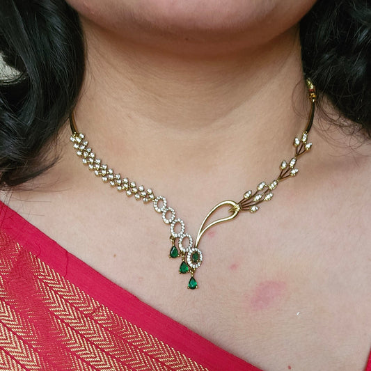 Asymmetric Green Stone Necklace – AD Studded – With Earrings