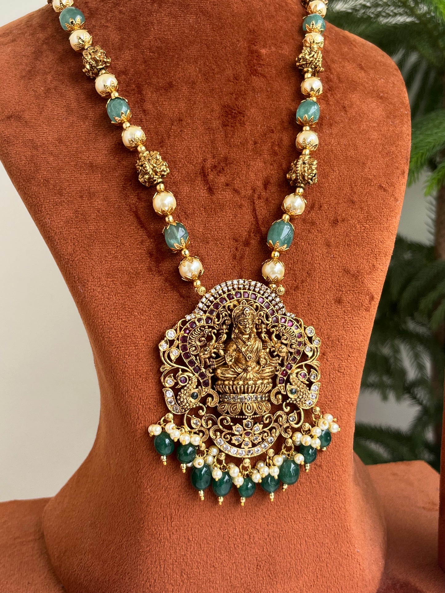 Lakshmi Devi Haram with Pearls & Green Stones – Perfect for Sarees | Festive & Wedding Jewellery
