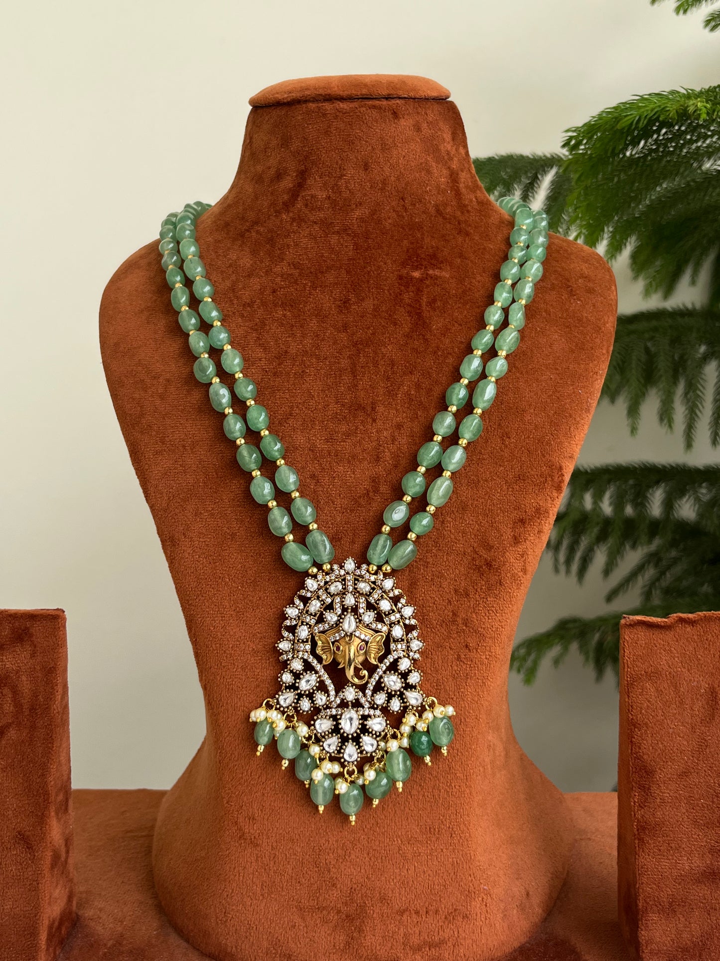 Beaded Haram with Lord Ganesha Pendant – Green & Maroon | Festive Luxury Jewellery