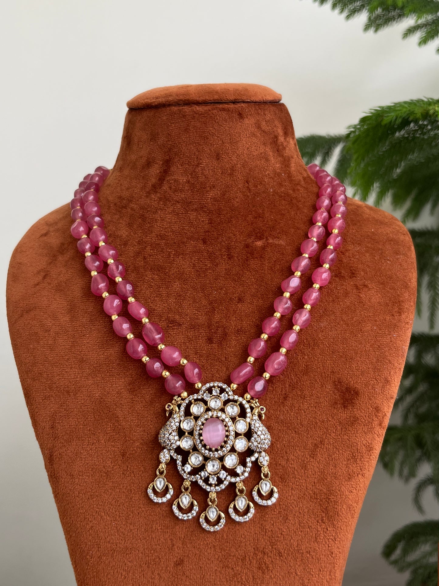 Peacock Motifs Victorian Pendant Beads Mid Length Haram – in Green & Onion Colors