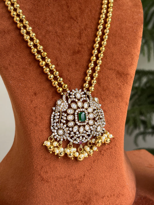 Peacock Motif Victorian Pendant Haram with Golden Beads – Perfect for Sarees